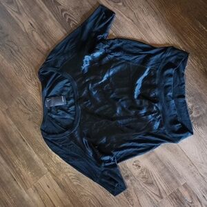 Heather Black Off The Shoulder Short Sleeve Silky Sectioned Shirt A42